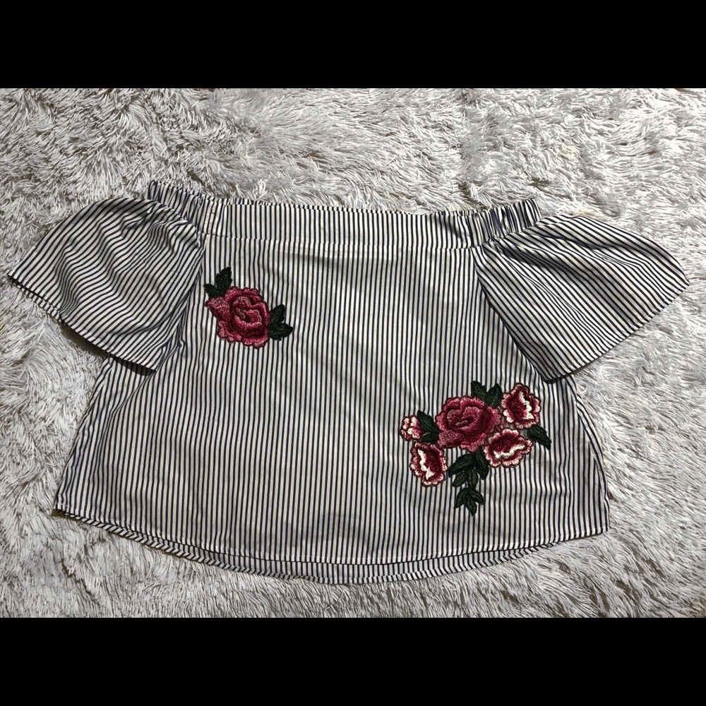 blue and white stripped off the shoulder shirt